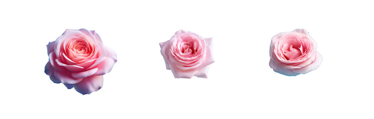 Three pink roses are displayed against a blue background.