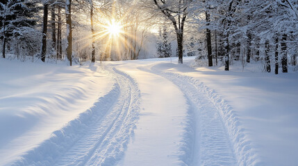 Obraz premium Winter tire tracks in fresh snow, leading into a snowy forest with soft sunlight breaking through the trees, capturing a serene winter atmosphere.