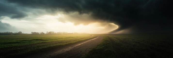 Fototapeta premium A dramatic scene with dark storm clouds threatening over a beautiful field, featuring a winding dirt path leading into the foreboding horizon, symbolizing change.