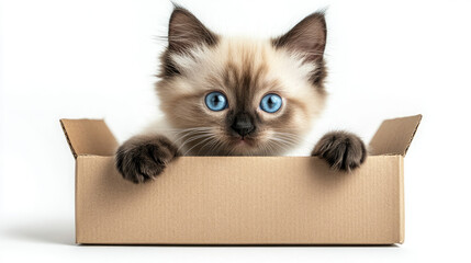 Birman kitten cat peeking out and looking forward from inside box isolated on white background