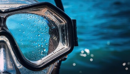 Close-up of Fogged Dive Mask with Condensation Beads. Example of Fogging in Scuba Diving, Underwater Sports Gear, and Lens Maintenance Issues