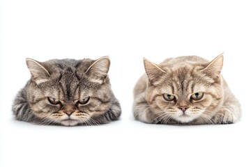 Obraz premium Two expressive cats resting together on a soft white background, one appearing sad, revealing a moment of feline contemplation