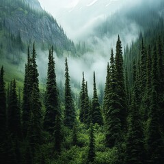 A misty morning with evergreen trees nestled in the valley landscape