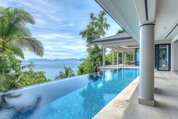 Fototapeta premium Contemporary mansion with infinity pool on a large terrace, high ceilings, and panoramic sea views, framed by lush palm trees