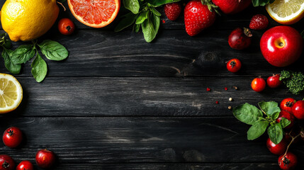 A vibrant arrangement of fresh fruits and greens on a dark wooden surface showcasing healthy eating options