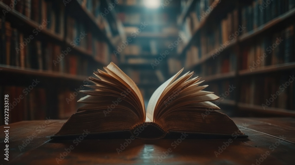 Poster Open Book on a Wooden Table with Bookshelves in the Background
