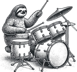 sloth playing drums stylish illustration engraving hand drawn vector © Dmytro