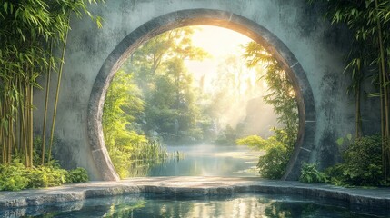 Stone Archway Leading to a Misty Forest and Tranquil Pond