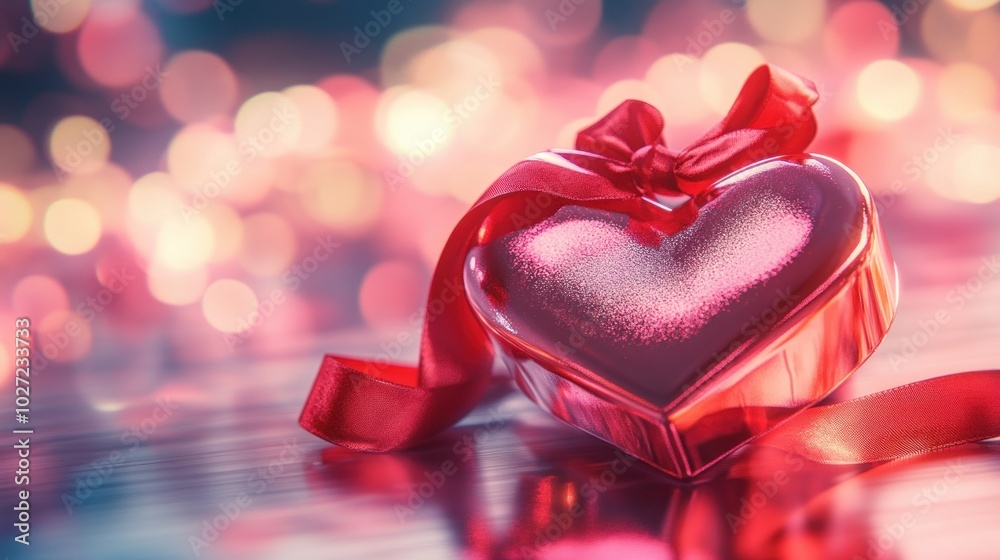 Poster red heart-shaped gift box with red ribbon and blurred bokeh background