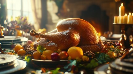 Roasted Turkey Centerpiece with Oranges, Pinecones, and Greenery on a Festive Table