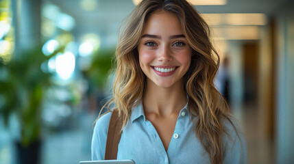 Young woman with long hair smiles while holding a tablet in a modern office environment during the day