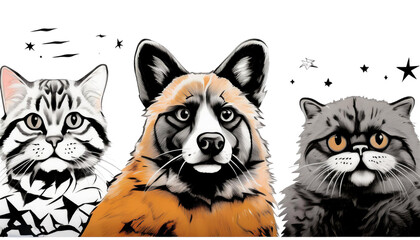 Cats Sitting With Wolf Shape Dog Isolated On White Background
