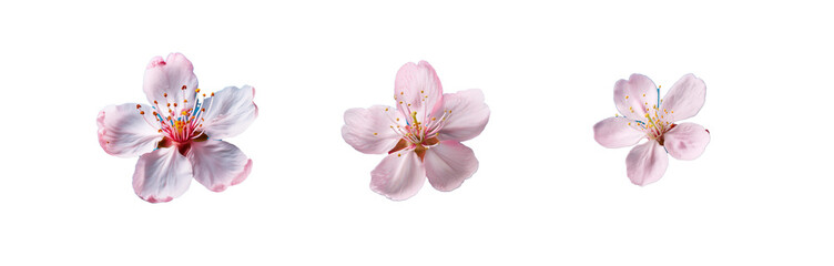 Three pink blossoms against a blue background.