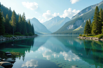 Naklejka premium Crystal clear water reflecting mountains and trees in the italian alps