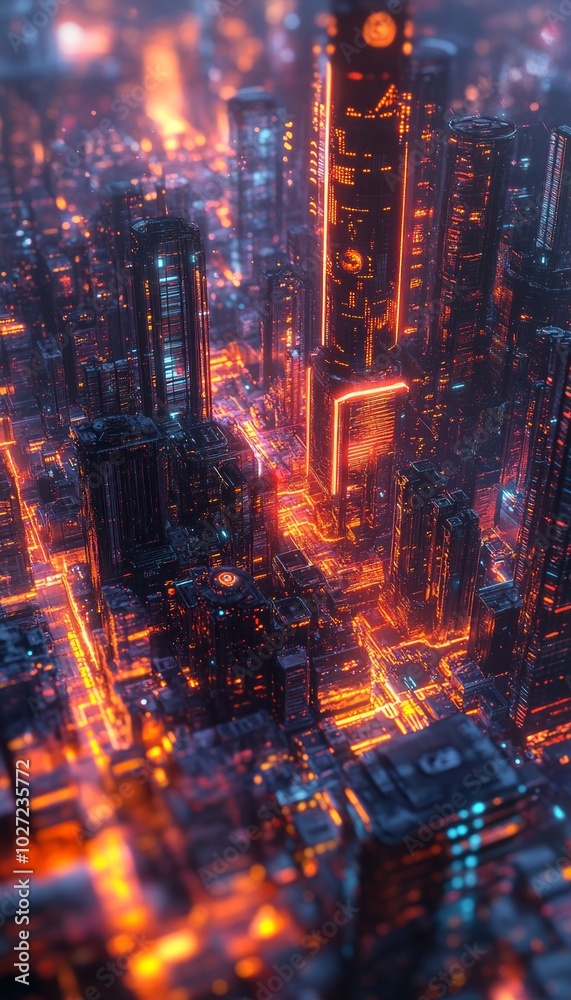 Poster Futuristic city skyline with glowing lights and buildings.