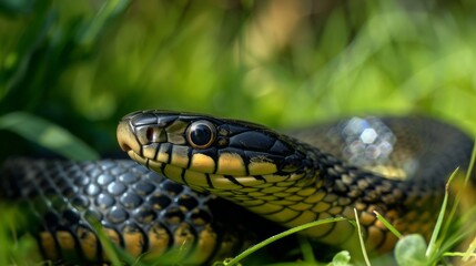 Obraz premium A snake is laying on the grass with its head up
