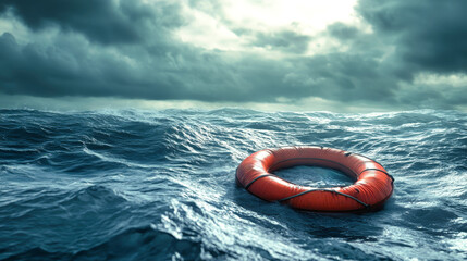Man rescues red lifebuoy from stormy sea with inflatable boat while being assisted by ship crew amidst turbulent waves and dark clouds
