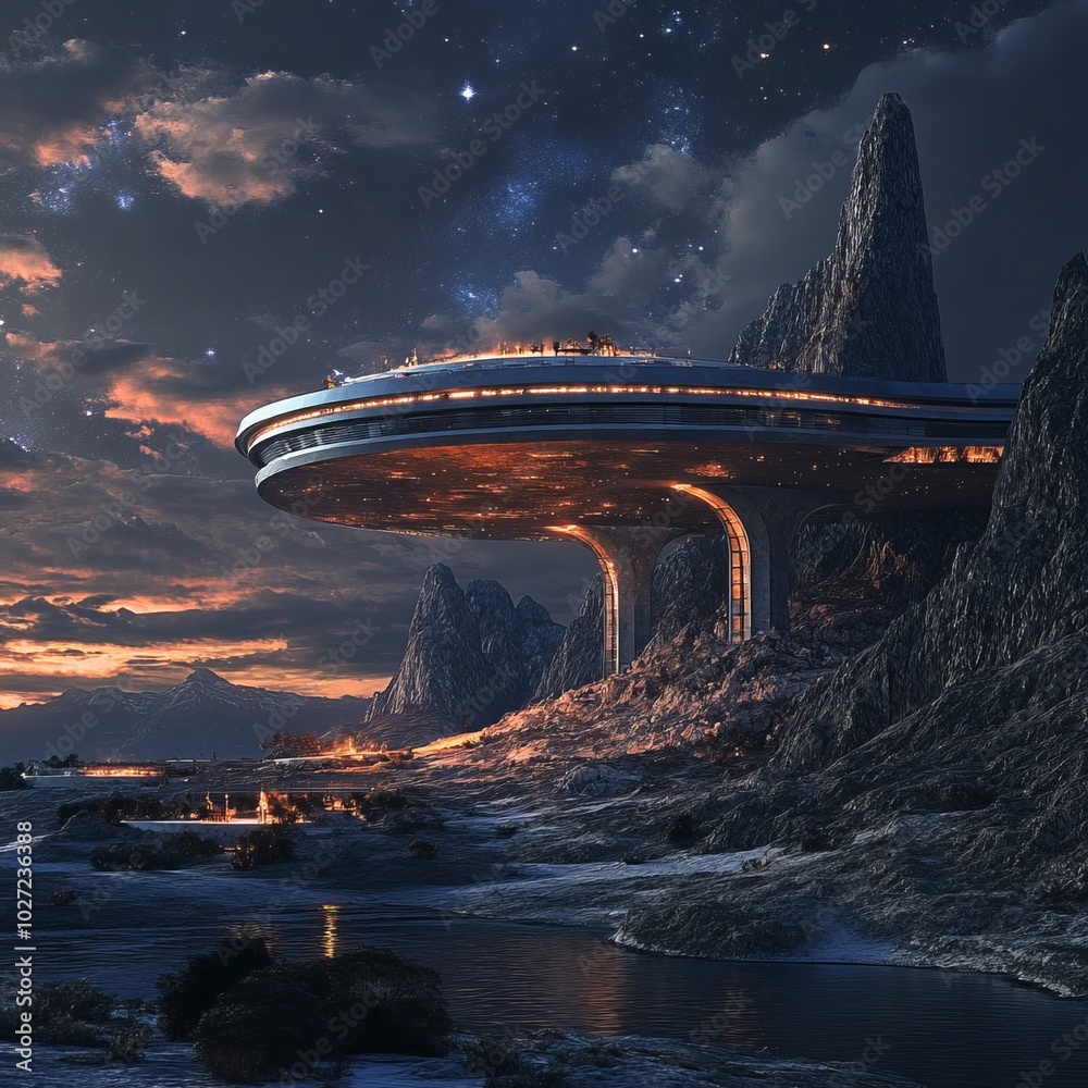 Poster Futuristic city with flying saucer-like structure perched atop a cliff, under a starry night sky.