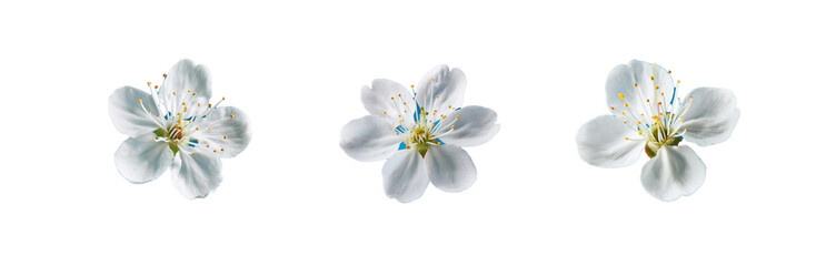 Obraz premium Three white blossoms with yellow centers against a vibrant blue background.