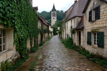 Fototapeta premium English village street, untouched by time. Cobblestone paths wind between historic homes, ivy climbs the rustic stone walls.