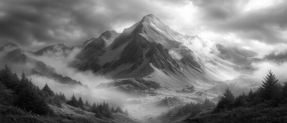 Foggy mountain landscape with dark clouds looming overhead, creating a sense of tension and drama. The mist rolls down the mountainside, adding mystery and cinematic depth.