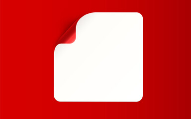 Sticker with peel off corner isolated on red background. Vector blank paper banner or square folded label.