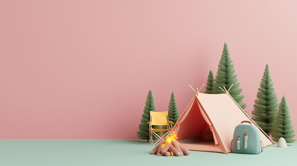 Fototapeta premium Cozy camping scene with tent and campfire setup