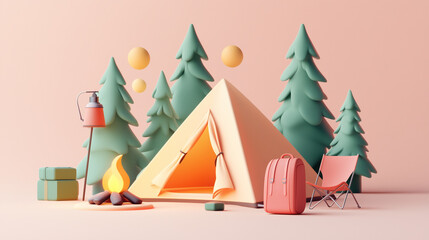 Cozy camping scene with tent and campfire in a forest setting