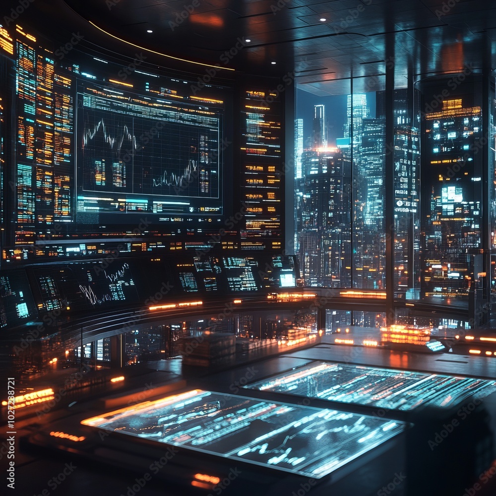 Canvas Prints Futuristic control room with a view of a glowing city at night, with various screens displaying data and graphs.