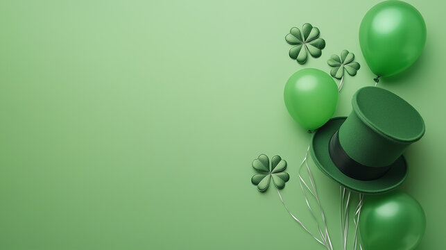 Saint patrick day green background irich traditional clover leaves leprechaun hat balloons