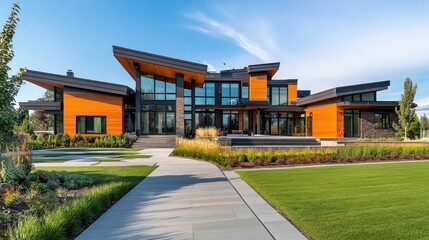 Naklejka premium Modern House with Stylish Architecture and Landscape