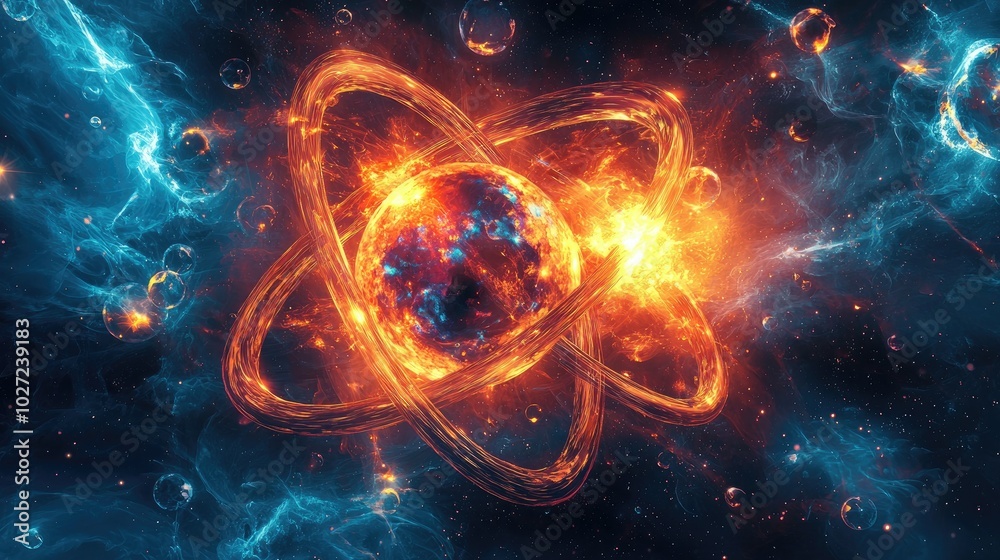 Wall mural realistic colorful and bold depiction of 2 atom structures colliding in space. the background should