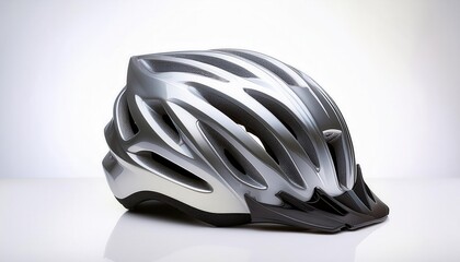 Fototapeta premium Sleek Silver Cycling Helmet for Maximum Aerodynamics and Safety. Ideal for Road Racing, Mountain Biking, and Long Distance Cycling Enthusiasts Looking for Ventilation and Lightweight Comfort