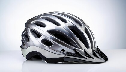 Fototapeta premium Sleek Silver Cycling Helmet for Maximum Aerodynamics and Safety. Ideal for Road Racing, Mountain Biking, and Long Distance Cycling Enthusiasts Looking for Ventilation and Lightweight Comfort