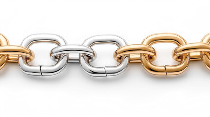 Close-up of interlocking gold and silver metal chain links on a white background, showcasing contrast between metallic colors and smooth polished surfaces.