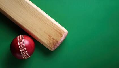 Close-up of Cricket Bat with Red Handle and Leather Ball on Green Surface. Ideal for Sports Concept, Game Action, Equipment Showcases, or Training Tutorials