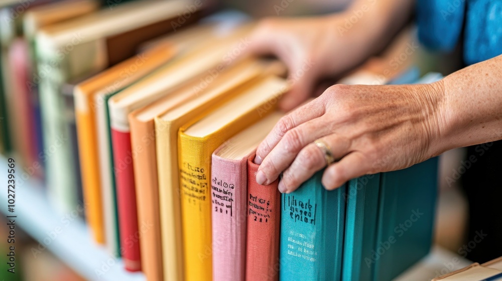 Poster Hand Reaching for a Row of Colorful Books on a Shelf