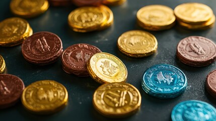 Gold, Brown, and Blue Coins Scattered on a Dark Surface