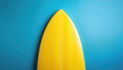 Top View of Yellow Surfboard Against Blue Background. Vibrant, Minimalistic Beach and Summer Concept Ideal for Surfing, Watersports, Travel, and Ocean Themed Designs