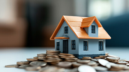 Small model house with orange roof surrounded by stacks of coins on a table, representing real estate investment and financial savings.