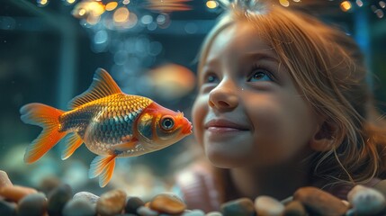 A little girl feeding her aquarium fish with a smile, colorful fish tank decorations visible, children's room setting