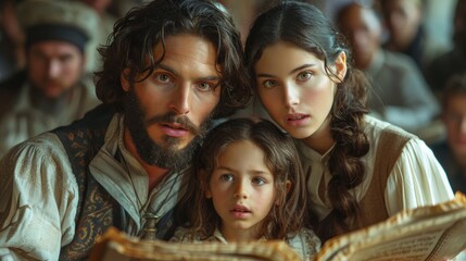 A Jewish family sitting together and reading from the Torah or other religious texts during a study session