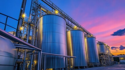 Modern Industrial Silos Against Vibrant Sunset Sky
