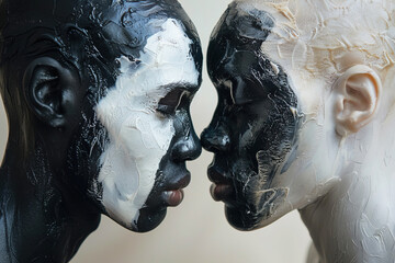 Two figures painting each other with contrasting colors symbolizing racism and unity