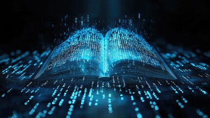 The Arabic numerals of binary code 0 and 1 are combined into the shape of a book, special effects synthesis, light effect, sense of technology