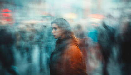 Fototapeta premium Capture people where the entire image is slightly blurred, playing with focus to create a sense of mystery and ambiguity, as if the person is fading in and out of perception