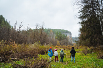 Obraz premium A diverse group of people is leisurely walking together through a beautiful grassy field that is surrounded by lush green woods and trees, enjoying the natural landscape around them