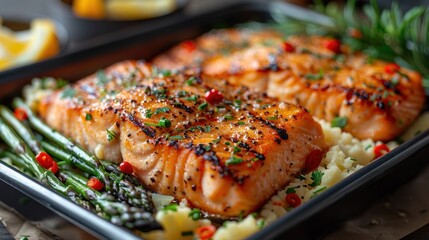 A keto-friendly meal prep scene with containers of grilled salmon, asparagus, and mashed cauliflower, ready for the week