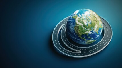 3d illustration of road around earth globe,Asphalt Road Circles earth,The road through the green forest, going through the forest to earth, Aerial top view forest,green grass field forward to globe.
