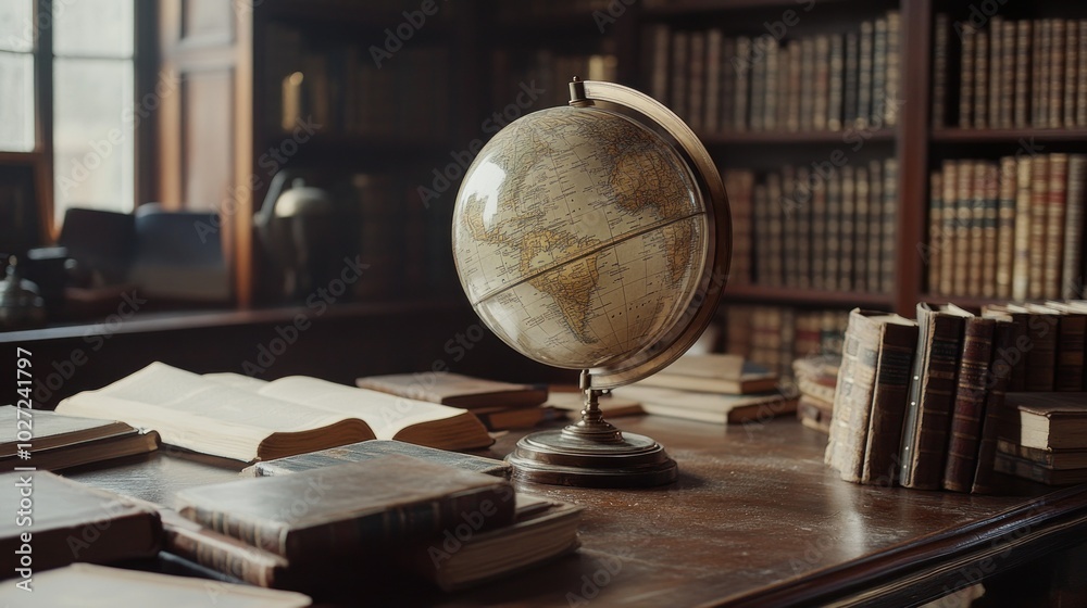 Poster A Vintage Globe Surrounded by Books in a Library Setting